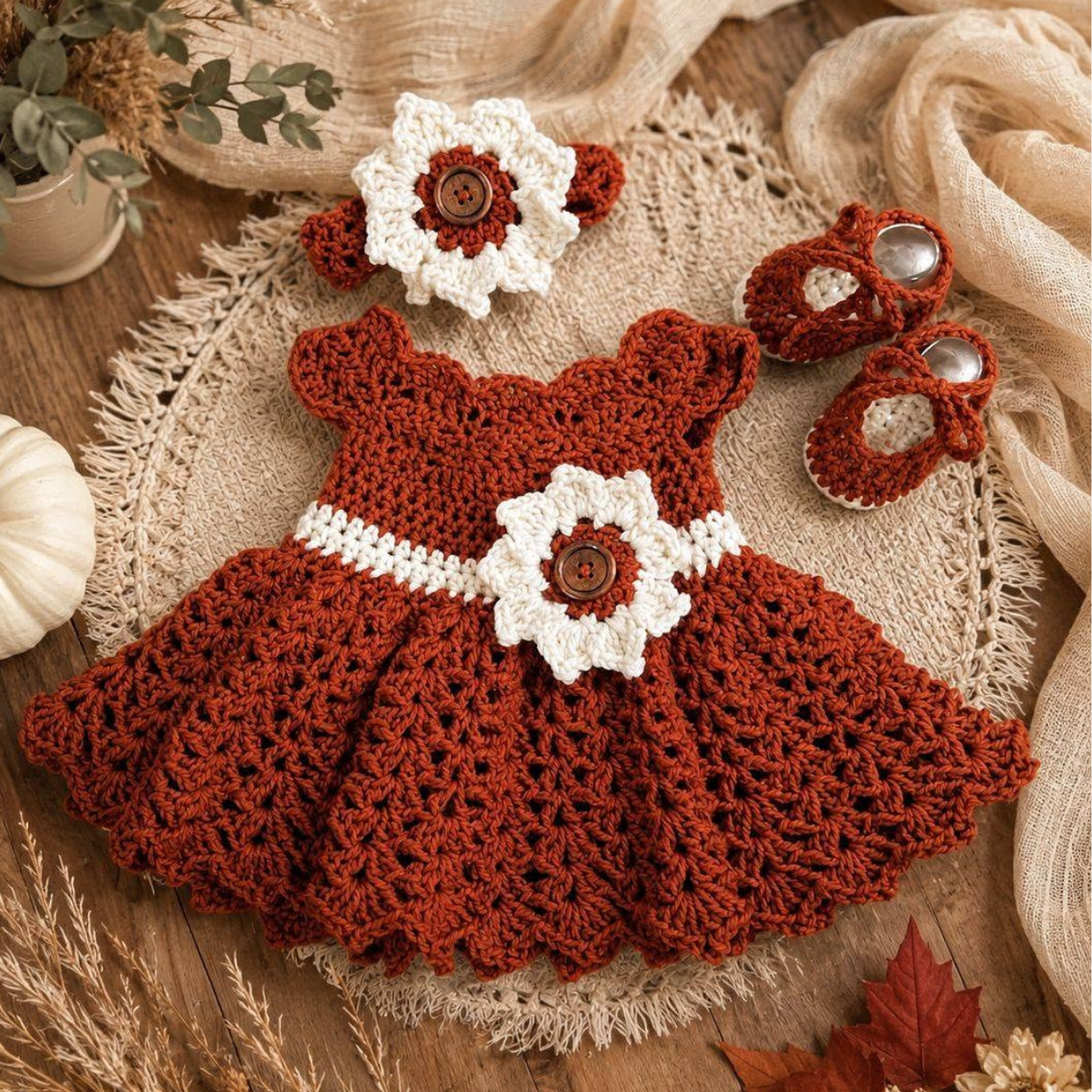 Handmade rust red crochet baby dress set with flower headband and shoes