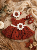 Little Wildflower handmade crochet baby dress set with headband and shoes in rust red
