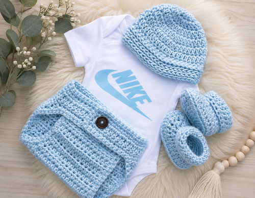 Crochet Nike baby set in blue with hat, booties and diaper cover