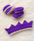 Handmade crochet newborn crown and booties set in purple and cream