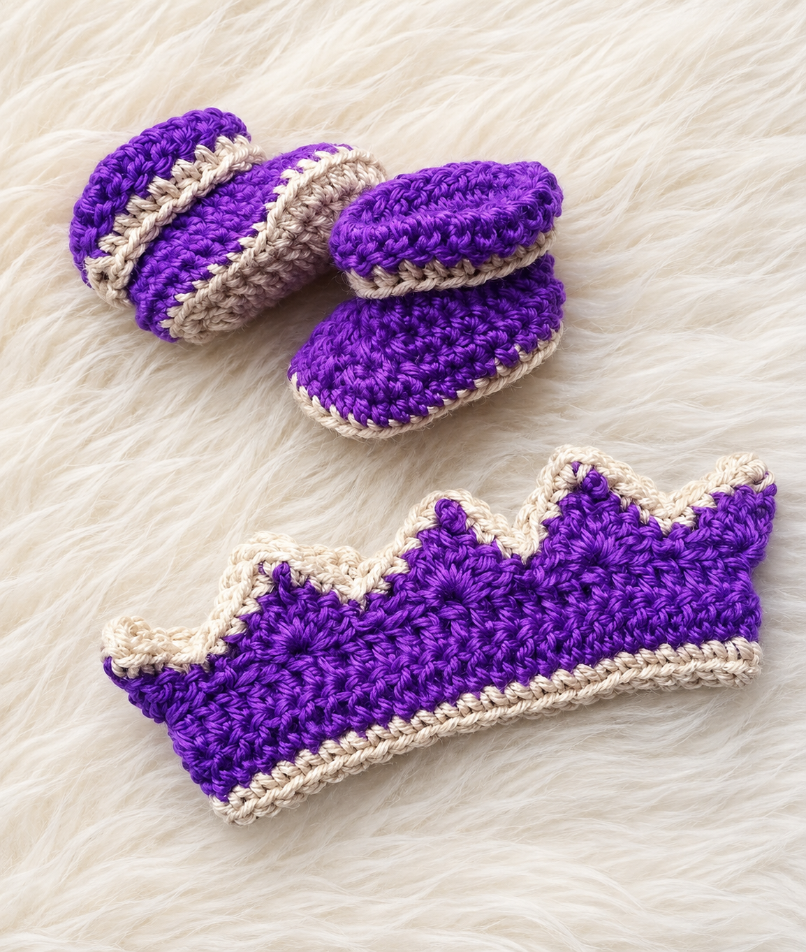 Handmade crochet newborn crown and booties set in purple and cream