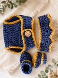 Handmade crochet newborn crown, diaper cover and booties set in navy and mustard yellow