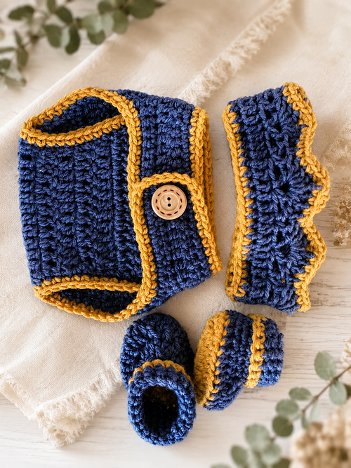 Handmade crochet newborn crown, diaper cover and booties set in navy and mustard yellow
