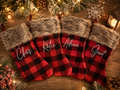 Personalized red and black buffalo plaid Christmas stockings with faux fur cuffs