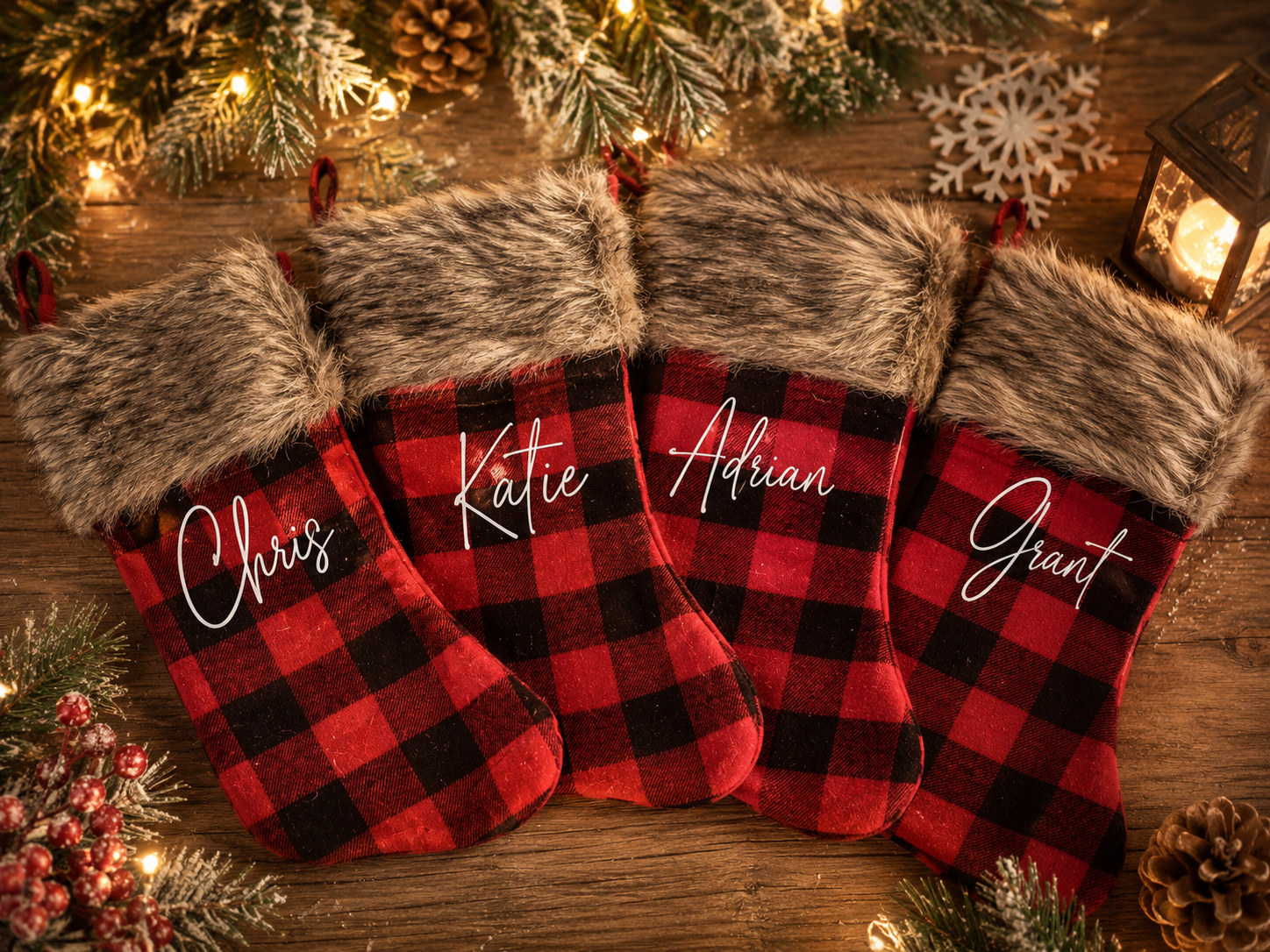 Personalized red and black buffalo plaid Christmas stockings with faux fur cuffs