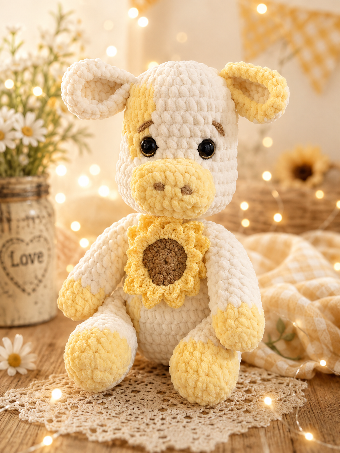 Sunny Moo crochet cow plushie with sunflower detail - Wild Little Friends collection