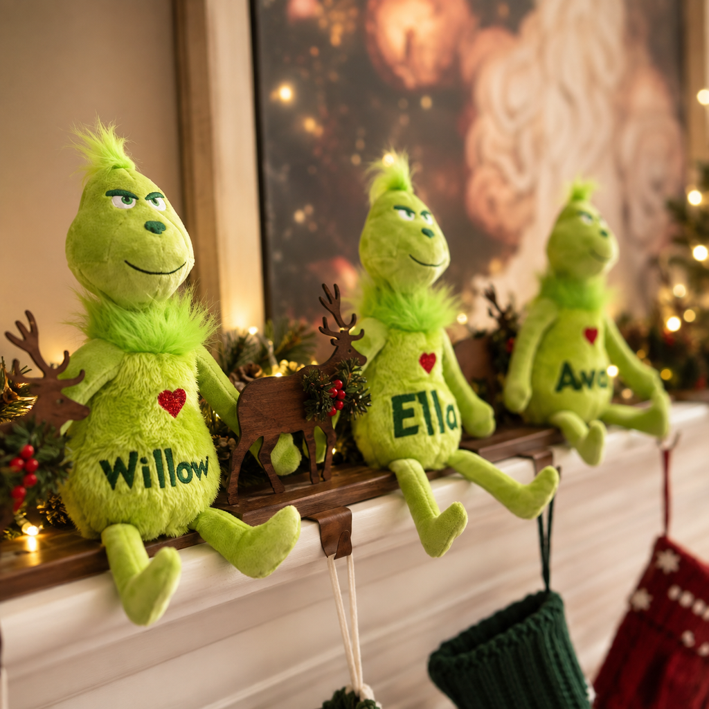 Personalized green Christmas plush sitting on mantel